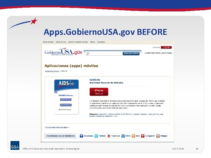 Apps. Gobierno. USA. gov BEFORE Office of Citizen Services and Innovative Technologies 9/17/2020 18
