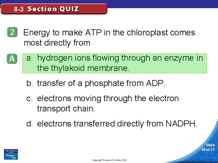 8 -3 Energy to make ATP in the chloroplast comes most directly from a.