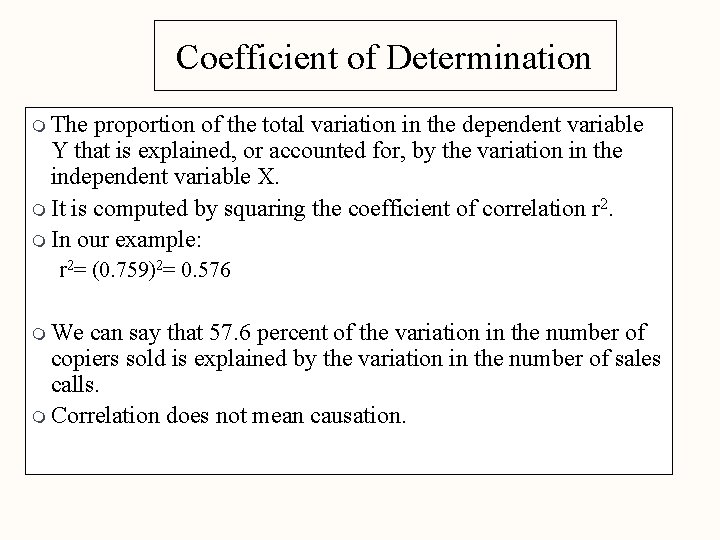 Coefficient of Determination m The proportion of the total variation in the dependent variable Coefficient of Determination m The proportion of the total variation in the dependent variable