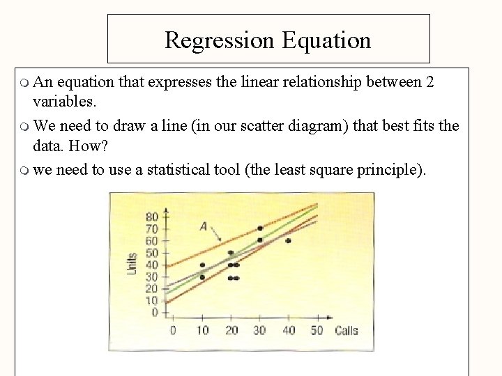 Regression Equation m An equation that expresses the linear relationship between 2 variables. m Regression Equation m An equation that expresses the linear relationship between 2 variables. m