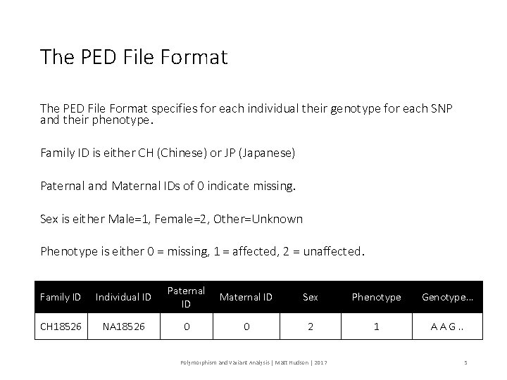 The PED File Format specifies for each individual their genotype for each SNP and