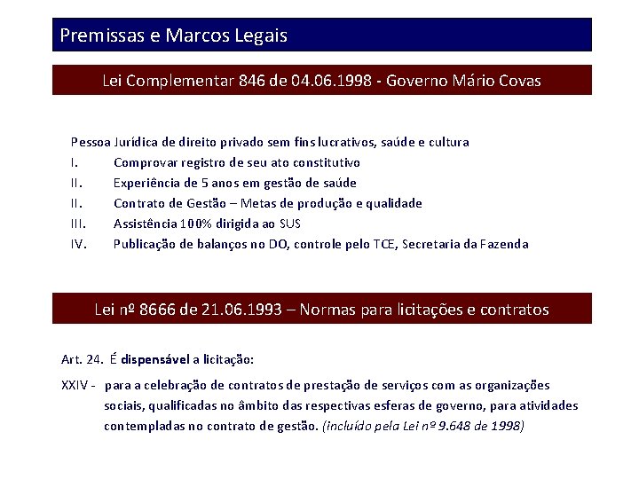 Premissas e Marcos Legais Lei Complementar 846 de 04. 06. 1998 - Governo Mário