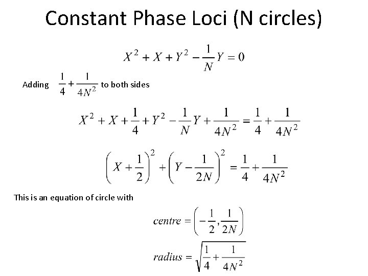 Constant Phase Loci (N circles) Adding to both sides This is an equation of