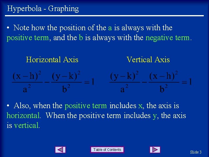 Hyperbola - Graphing • Note how the position of the a is always with