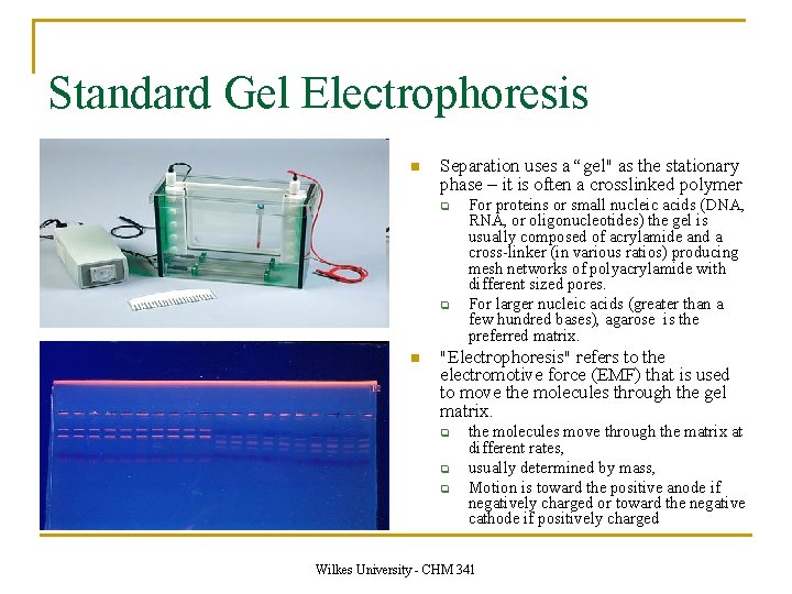 Standard Gel Electrophoresis n Separation uses a “gel" as the stationary phase – it