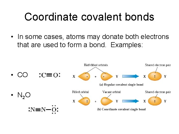 Coordinate covalent bonds • In some cases, atoms may donate both electrons that are