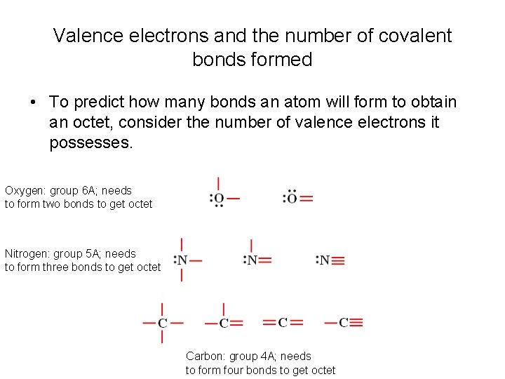 Valence electrons and the number of covalent bonds formed • To predict how many