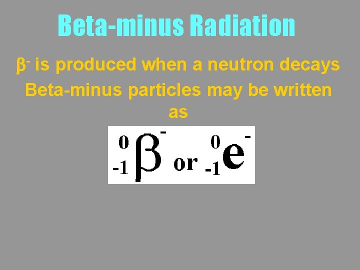 Beta-minus Radiation b- is produced when a neutron decays Beta-minus particles may be written