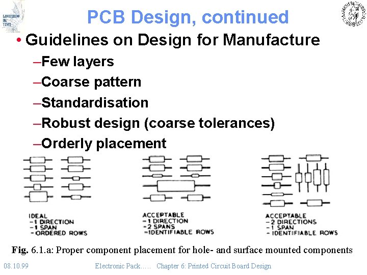 PCB Design, continued • Guidelines on Design for Manufacture –Few layers –Coarse pattern –Standardisation