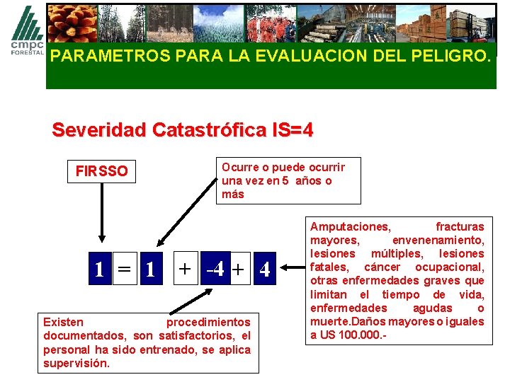 PARAMETROS PARA LA EVALUACION DEL PELIGRO. Severidad Catastrófica IS=4 FIRSSO Ocurre o puede ocurrir