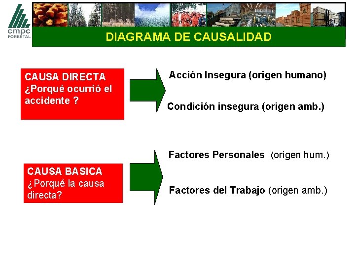 DIAGRAMA DE CAUSALIDAD CAUSA DIRECTA ¿Porqué ocurrió el accidente ? Acción Insegura (origen humano)