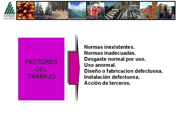 FACTORES DEL TRABAJO Normas inexistentes. Normas inadecuadas. Desgaste normal por uso. Uso anormal. Diseño