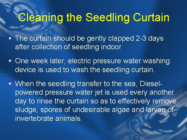 Cleaning the Seedling Curtain w The curtain should be gently clapped 2 -3 days