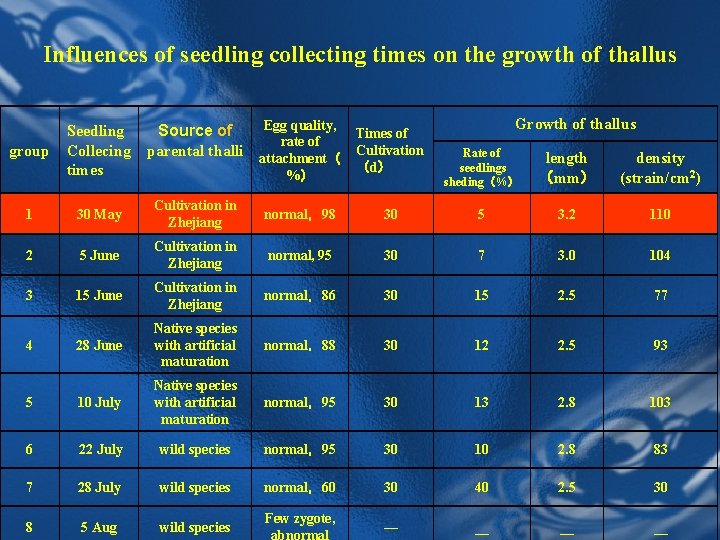 Influences of seedling collecting times on the growth of thallus group Seedling Collecing times