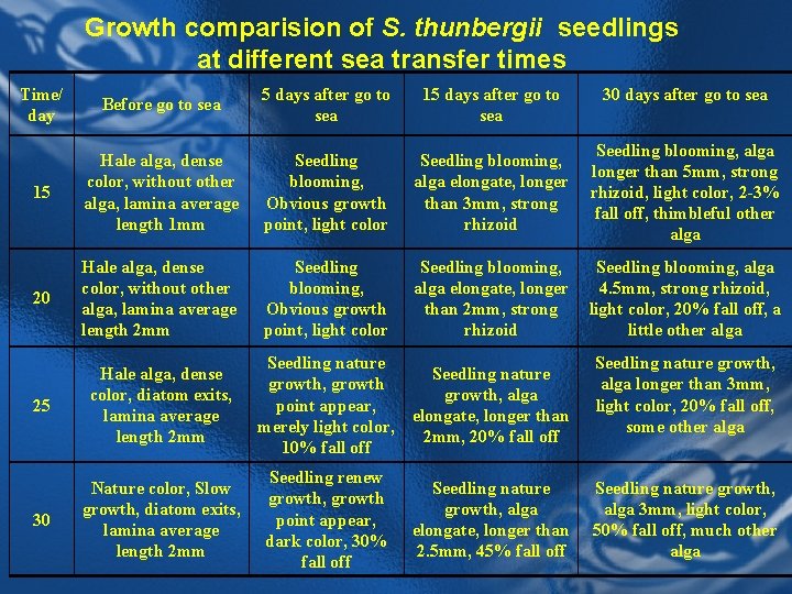 Growth comparision of S. thunbergii seedlings at different sea transfer times 30 days after