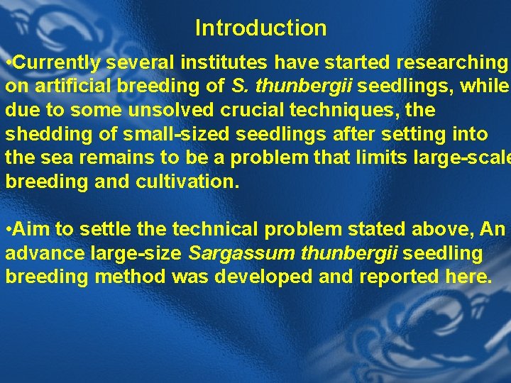 Introduction • Currently several institutes have started researching on artificial breeding of S. thunbergii