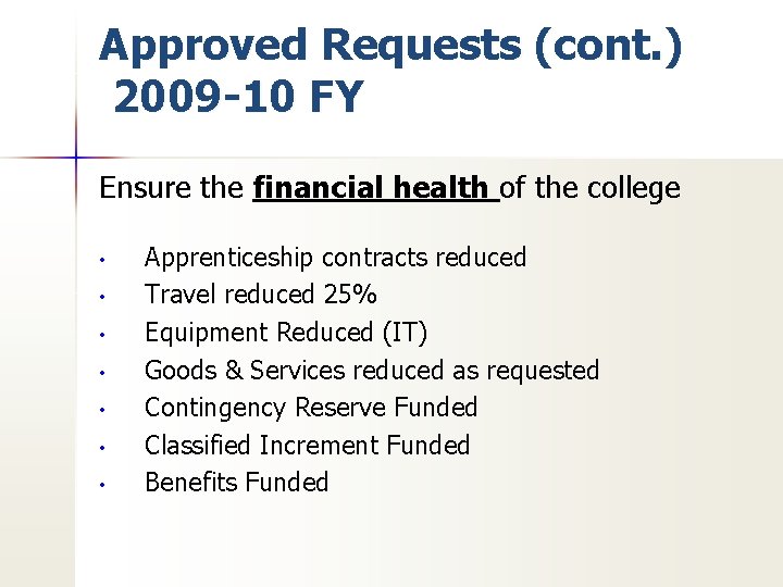 Approved Requests (cont. ) 2009 -10 FY Ensure the financial health of the college