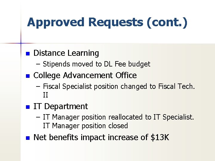 Approved Requests (cont. ) n Distance Learning – Stipends moved to DL Fee budget