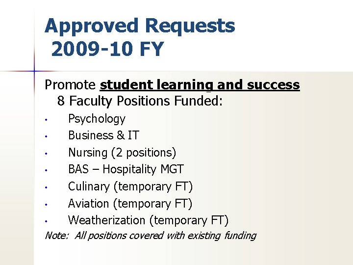 Approved Requests 2009 -10 FY Promote student learning and success 8 Faculty Positions Funded: