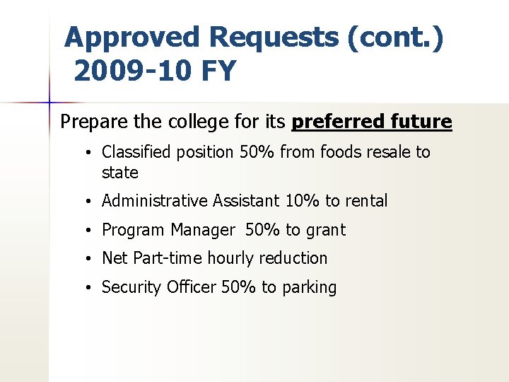 Approved Requests (cont. ) 2009 -10 FY Prepare the college for its preferred future