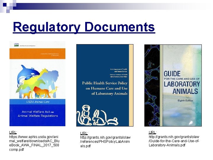 Regulatory Documents URL: https: //www. aphis. usda. gov/ani mal_welfare/downloads/AC_Blu e. Book_AWA_FINAL_2017_508 comp. pdf URL: