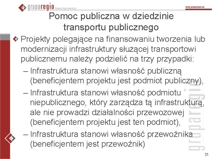 Pomoc publiczna w dziedzinie transportu publicznego Projekty polegające na finansowaniu tworzenia lub modernizacji infrastruktury