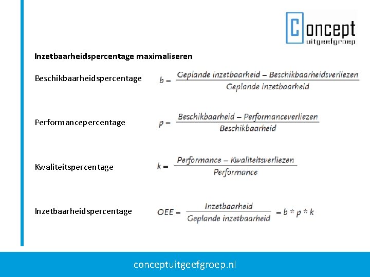 Inzetbaarheidspercentage maximaliseren Beschikbaarheidspercentage Performancepercentage Kwaliteitspercentage Inzetbaarheidspercentage conceptuitgeefgroep. nl 