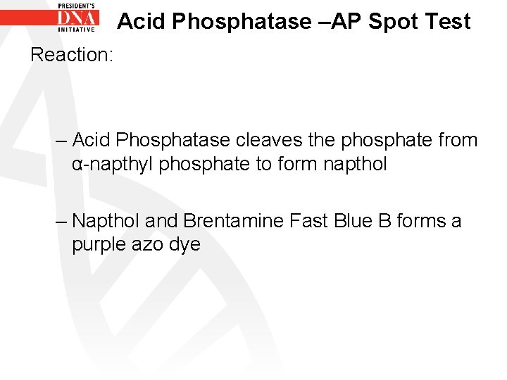 Acid Phosphatase –AP Spot Test Reaction: – Acid Phosphatase cleaves the phosphate from α-napthyl