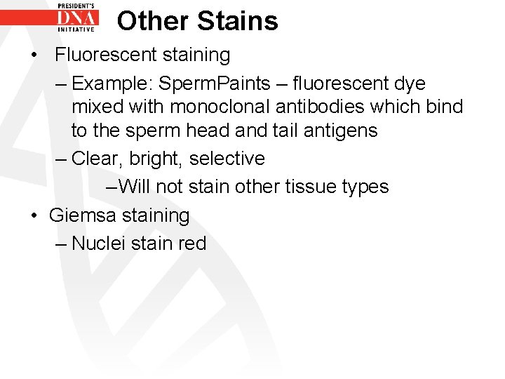 Other Stains • Fluorescent staining – Example: Sperm. Paints – fluorescent dye mixed with