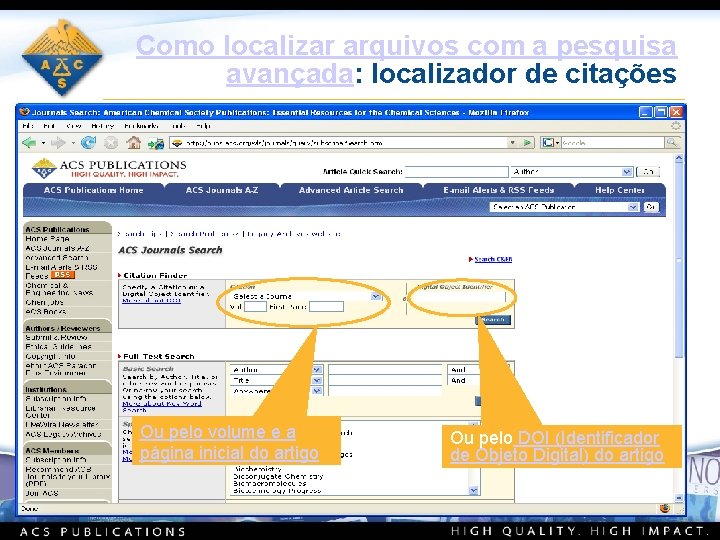Como localizar arquivos com a pesquisa avançada: localizador de citações Ou pelo volume e