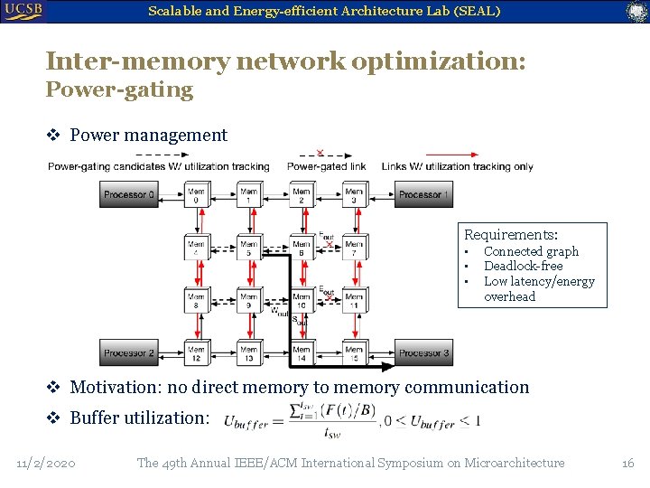 Scalable and Energy-efficient Architecture Lab (SEAL) Inter-memory network optimization: Power-gating v Power management Requirements: