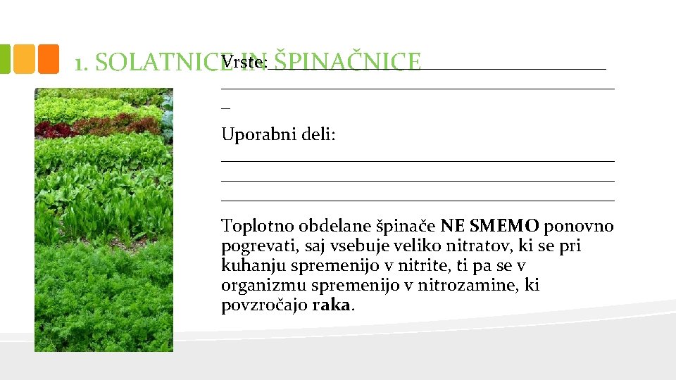 Vrste: ___________________ 1. SOLATNICE IN ŠPINAČNICE ______________________ _ Uporabni deli: ___________________________________________ Toplotno obdelane špinače