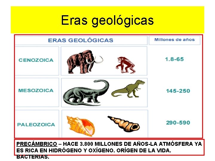 Eras geológicas PRECÁMBRICO – HACE 3. 800 MILLONES DE AÑOS-LA ATMÓSFERA YA ES RICA