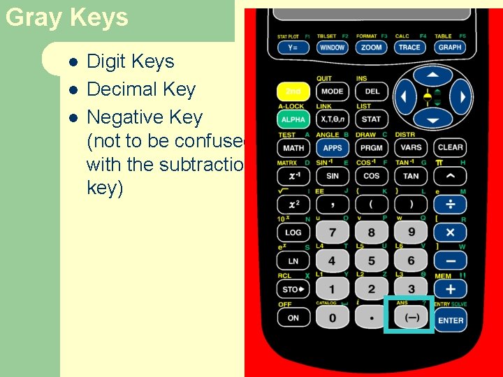 Gray Keys l l l Digit Keys Decimal Key Negative Key (not to be