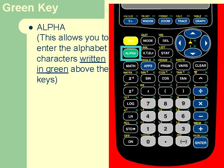 Green Key l ALPHA (This allows you to enter the alphabet characters written in