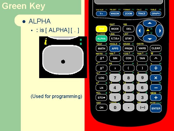 Green Key l ALPHA § : is [ ALPHA] [. ] (Used for programming)