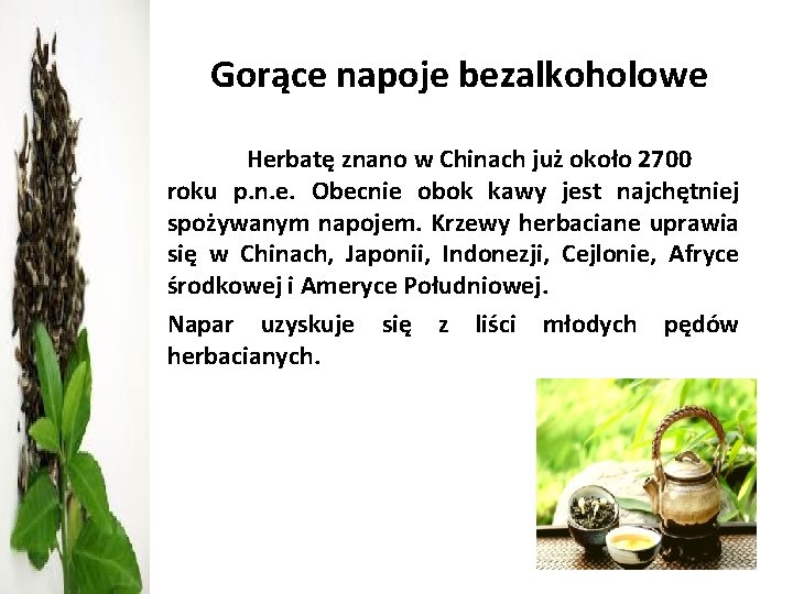 Gorące napoje bezalkoholowe Herbatę znano w Chinach już około 2700 roku p. n. e.