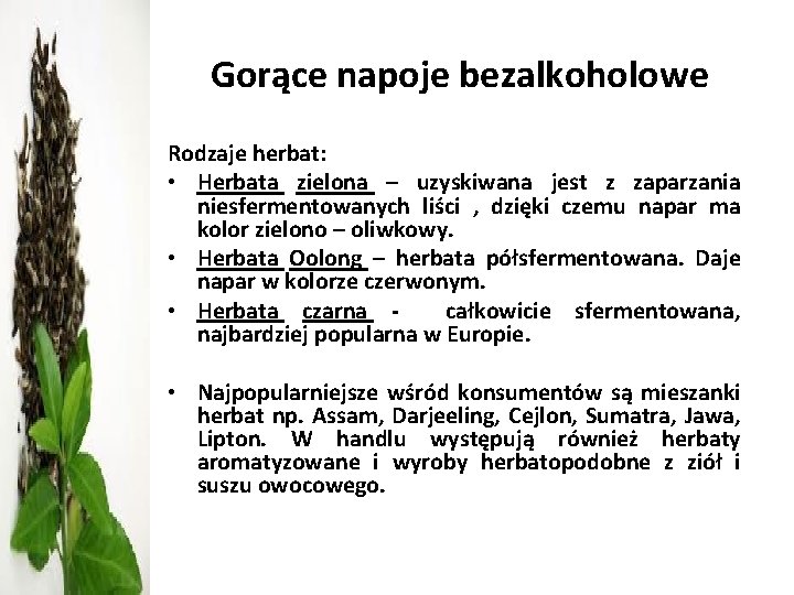 Gorące napoje bezalkoholowe Rodzaje herbat: • Herbata zielona – uzyskiwana jest z zaparzania niesfermentowanych