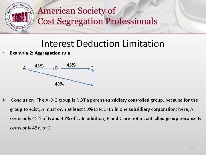  • Interest Deduction Limitation Example 2: Aggregation rule A 45% B 45% C