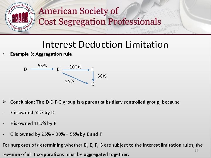  • Interest Deduction Limitation Example 3: Aggregation rule D 55% E 100% 25%