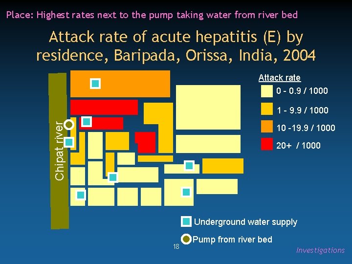 Place: Highest rates next to the pump taking water from river bed Attack rate