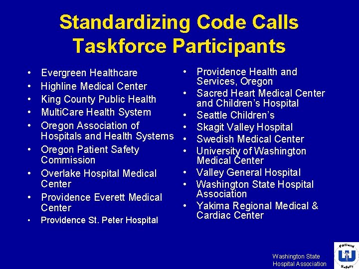 Standardizing Code Calls Taskforce Participants • • • Evergreen Healthcare Highline Medical Center King