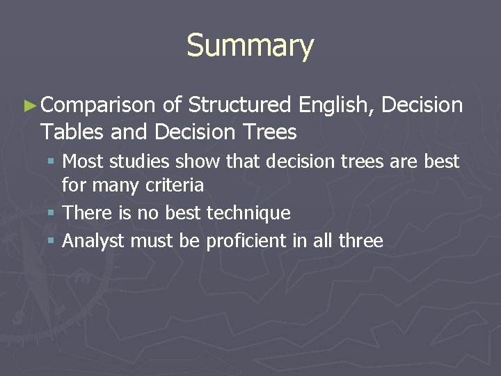 Summary ► Comparison of Structured English, Decision Tables and Decision Trees § Most studies Summary ► Comparison of Structured English, Decision Tables and Decision Trees § Most studies