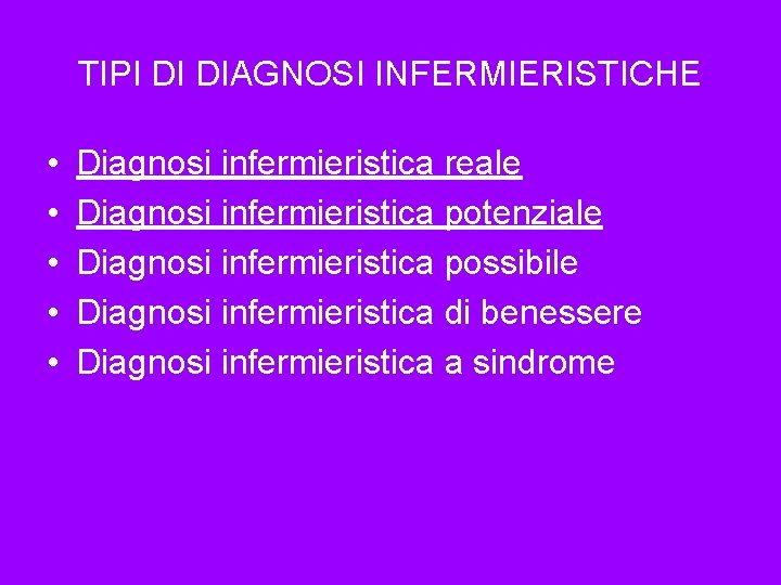 TIPI DI DIAGNOSI INFERMIERISTICHE • • • Diagnosi infermieristica reale Diagnosi infermieristica potenziale Diagnosi