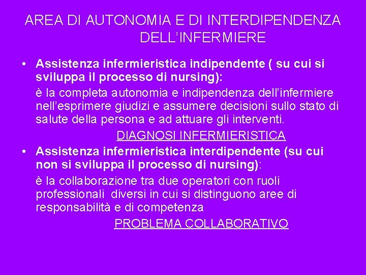 AREA DI AUTONOMIA E DI INTERDIPENDENZA DELL’INFERMIERE • Assistenza infermieristica indipendente ( su cui