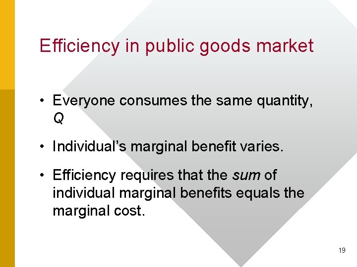 Efficiency in public goods market • Everyone consumes the same quantity, Q • Individual’s