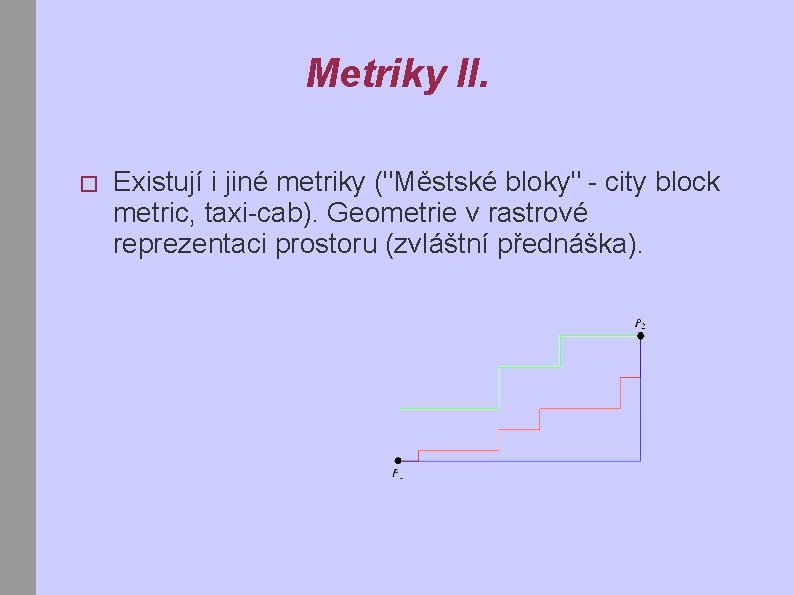 Metriky II. � Existují i jiné metriky ("Městské bloky" - city block metric, taxi-cab).