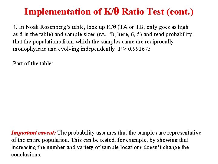 Implementation of K/q Ratio Test (cont. ) 4. In Noah Rosenberg’s table, look up