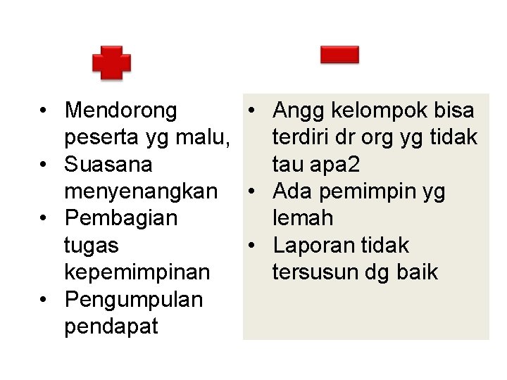  • Mendorong • Angg kelompok bisa peserta yg malu, terdiri dr org yg