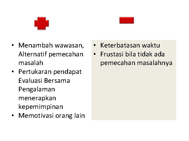  • Menambah wawasan, Alternatif pemecahan masalah • Pertukaran pendapat Evaluasi Bersama Pengalaman menerapkan